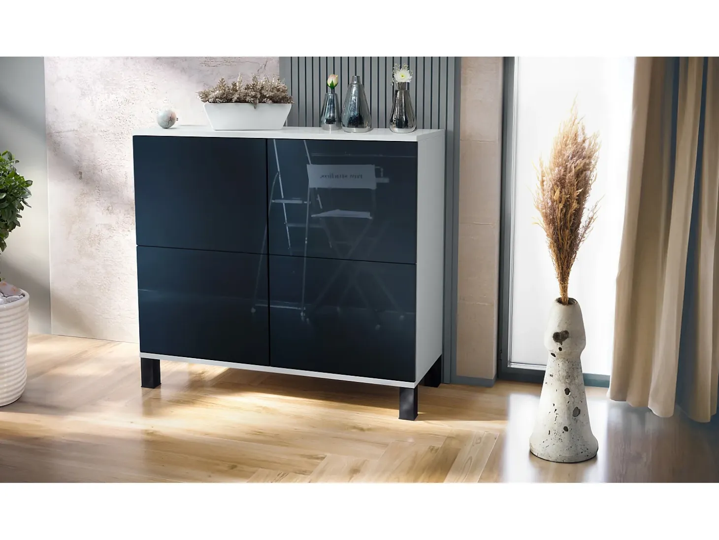 Aparador Rova V3 – Armario de cocina moderno con 4 puertas Push-to-Open blanco mate / negro de alto brillo (92,5 x 84.5 x 35)