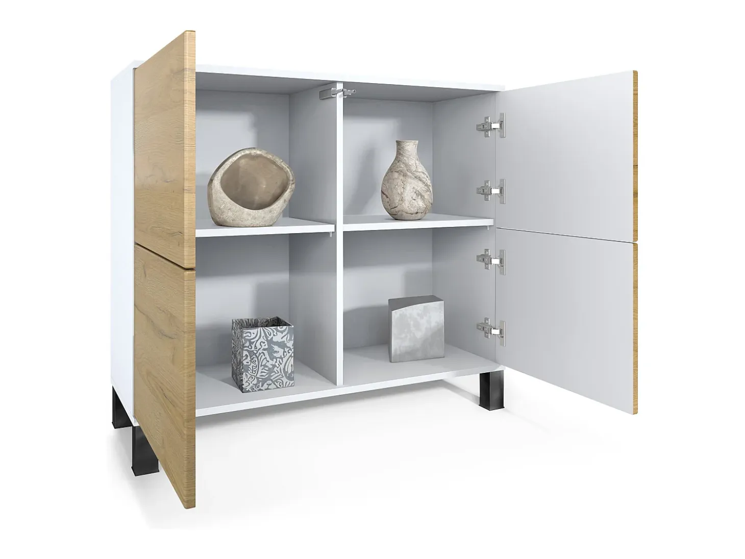 Aparador Rova V3 – Armario de cocina moderno con 4 puertas Push-to-Open blanco mate / negro de alto brillo (92,5 x 84.5 x 35)