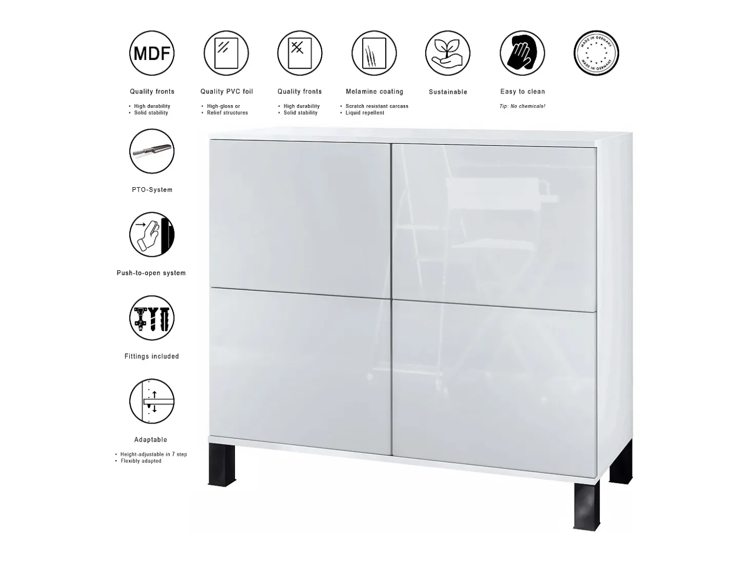 Aparador Rova V3 – Armario de cocina moderno con 4 puertas Push-to-Open blanco mate / negro de alto brillo (92,5 x 84.5 x 35)