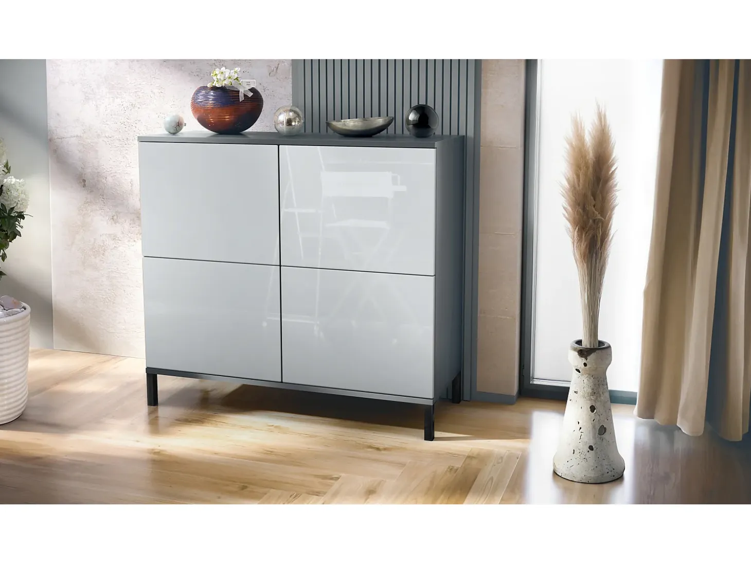 Aparador Rova V3 – Armario de cocina moderno con 4 puertas Push-to-Open antracita mate / blanco de alto brillo (92,5 x 83.5 x 35)
