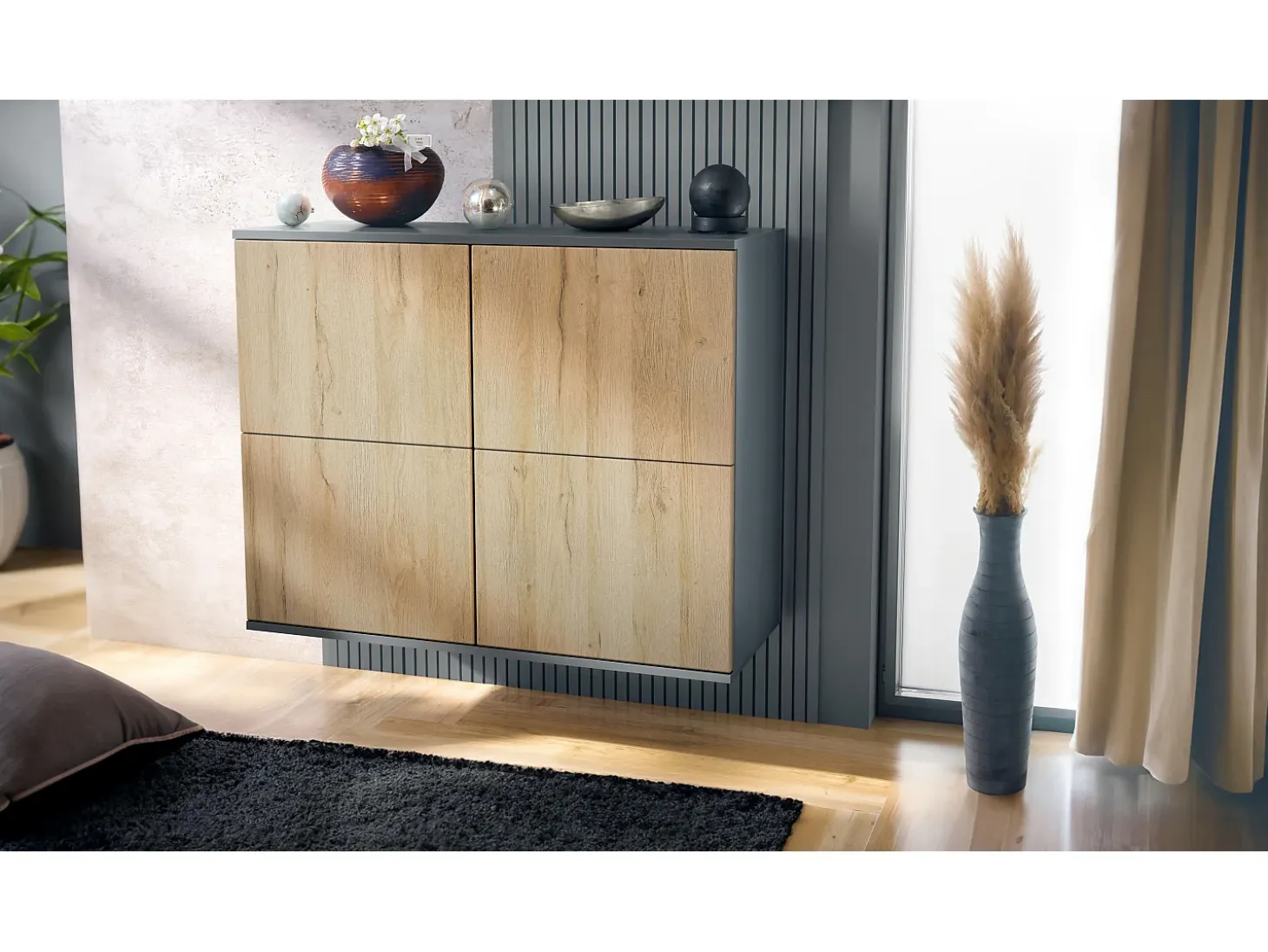Aparador Rova V3 – Armario de cocina moderno con 4 puertas Push-to-Open antracita mate / roble natural (92,5 x 73.5 x 35)