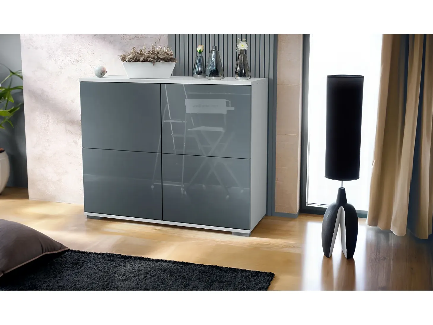 Aparador Rova V3 – Armario de cocina moderno con 4 puertas Push-to-Open blanco mate / gris de alto brillo (92,5 x 75.5 x 35)