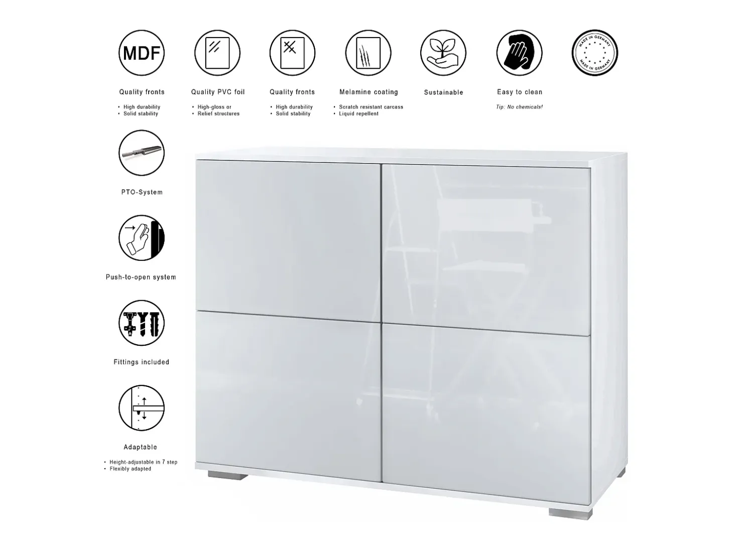 Aparador Rova V3 – Armario de cocina moderno con 4 puertas Push-to-Open blanco mate / gris de alto brillo (92,5 x 75.5 x 35)