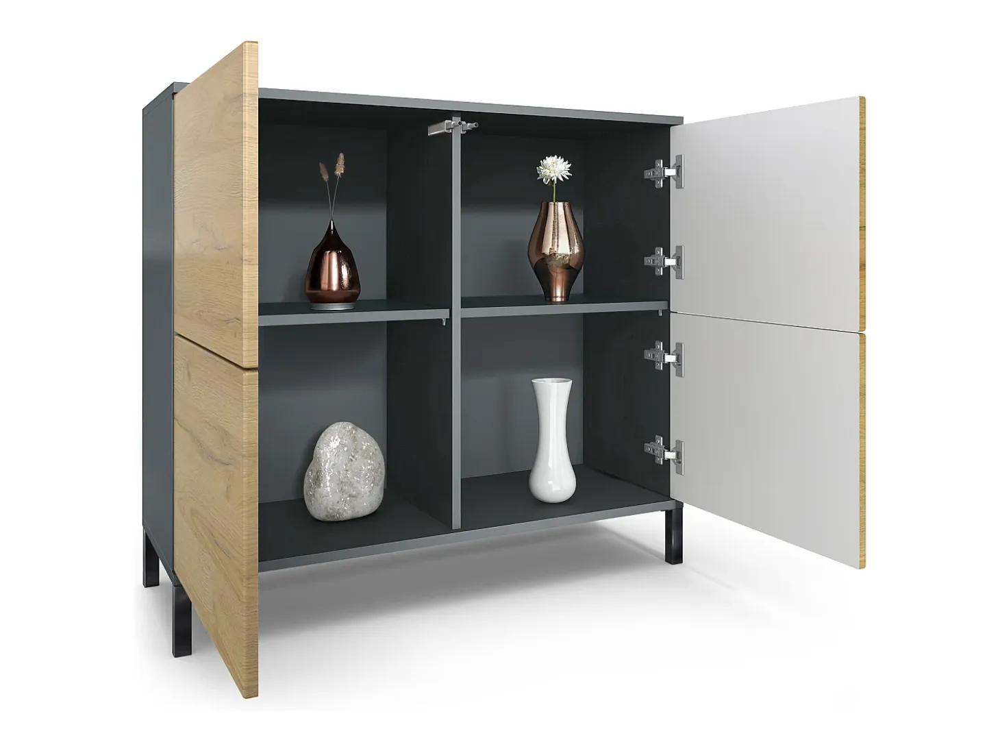Aparador Rova V3 – Armario de cocina moderno con 4 puertas Push-to-Open antracita mate / gris arena de alto brillo (92,5 x 83.5 x 35)
