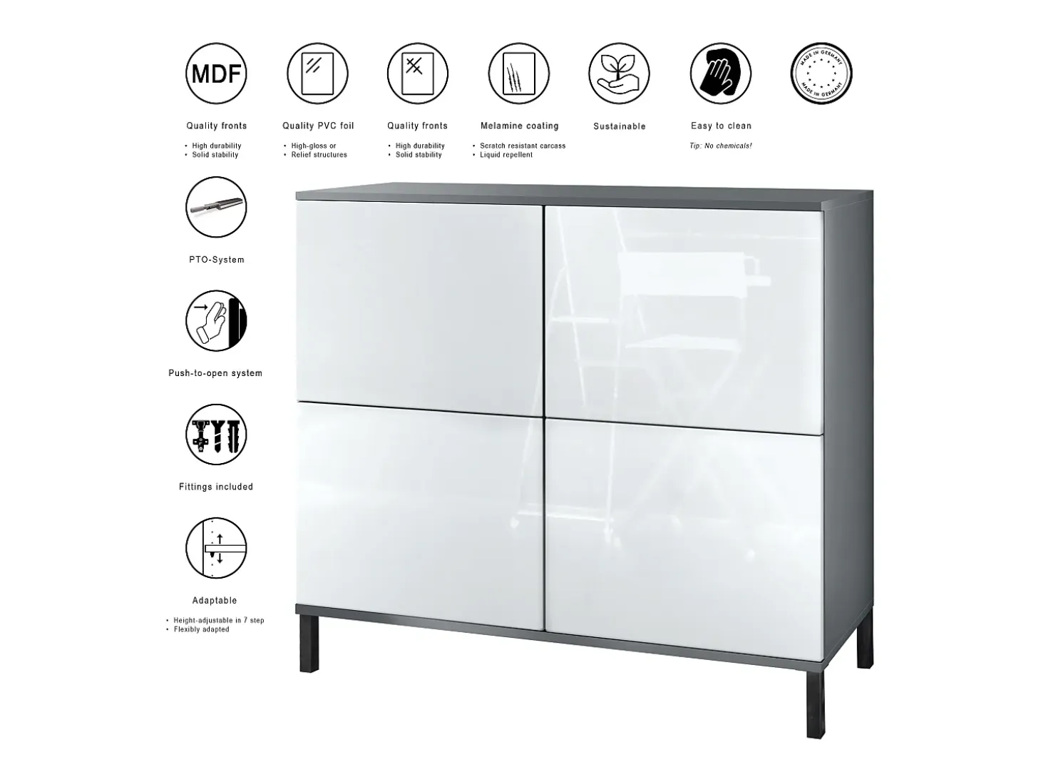 Aparador Rova V3 – Armario de cocina moderno con 4 puertas Push-to-Open antracita mate / gris arena de alto brillo (92,5 x 83.5 x 35)