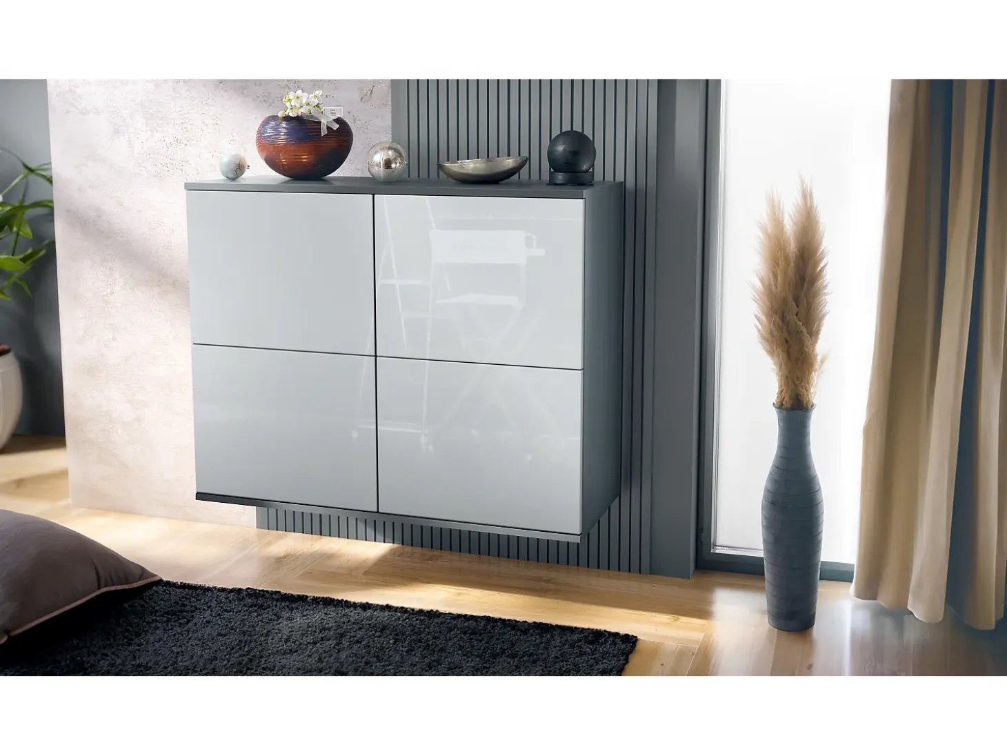 Aparador Rova V3 – Armario de cocina moderno con 4 puertas Push-to-Open antracita mate / blanco de alto brillo (92,5 x 73.5 x 35)