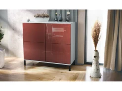 Aparador Rova V3 – Armario de cocina moderno con 4 puertas Push-to-Open blanco mate / burdeos de alto brillo (92,5 x 83.5 x 35)