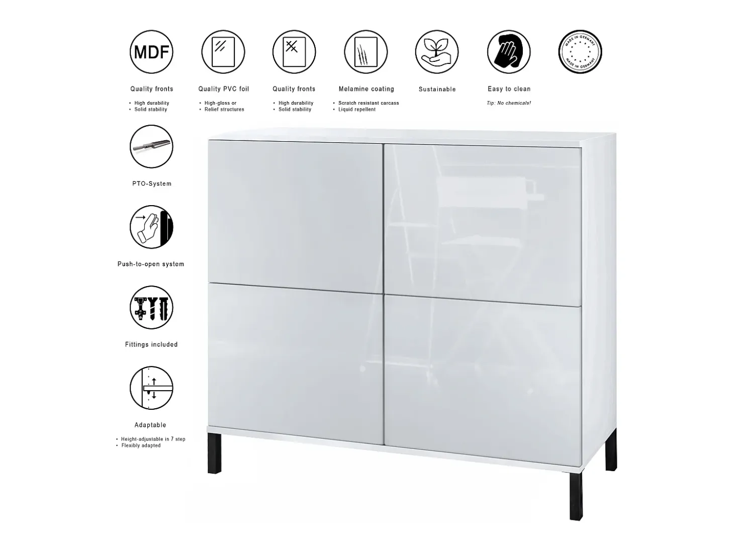 Aparador Rova V3 – Armario de cocina moderno con 4 puertas Push-to-Open blanco mate / burdeos de alto brillo (92,5 x 83.5 x 35)