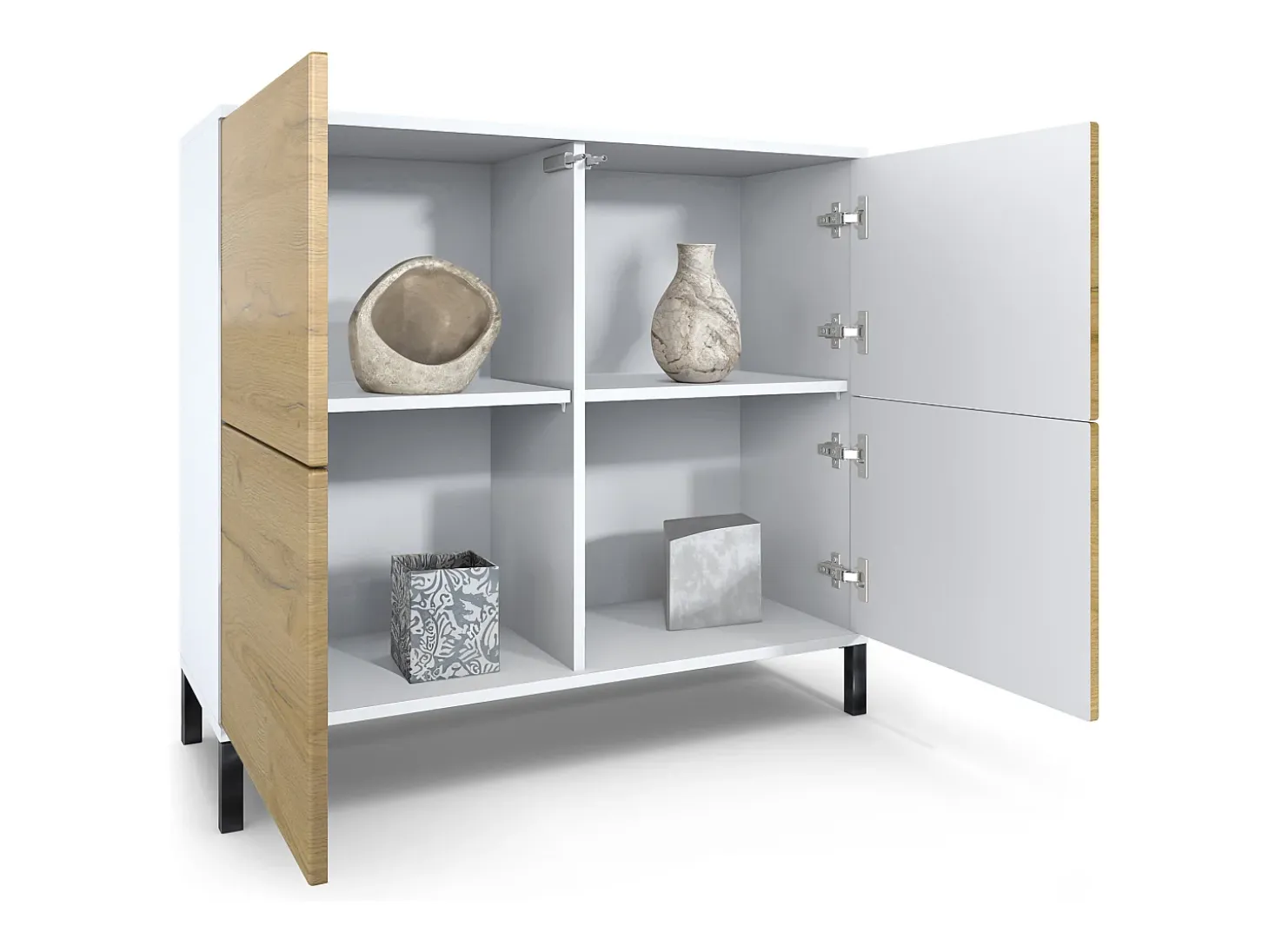 Aparador Rova V3 – Armario de cocina moderno con 4 puertas Push-to-Open blanco mate / burdeos de alto brillo (92,5 x 83.5 x 35)
