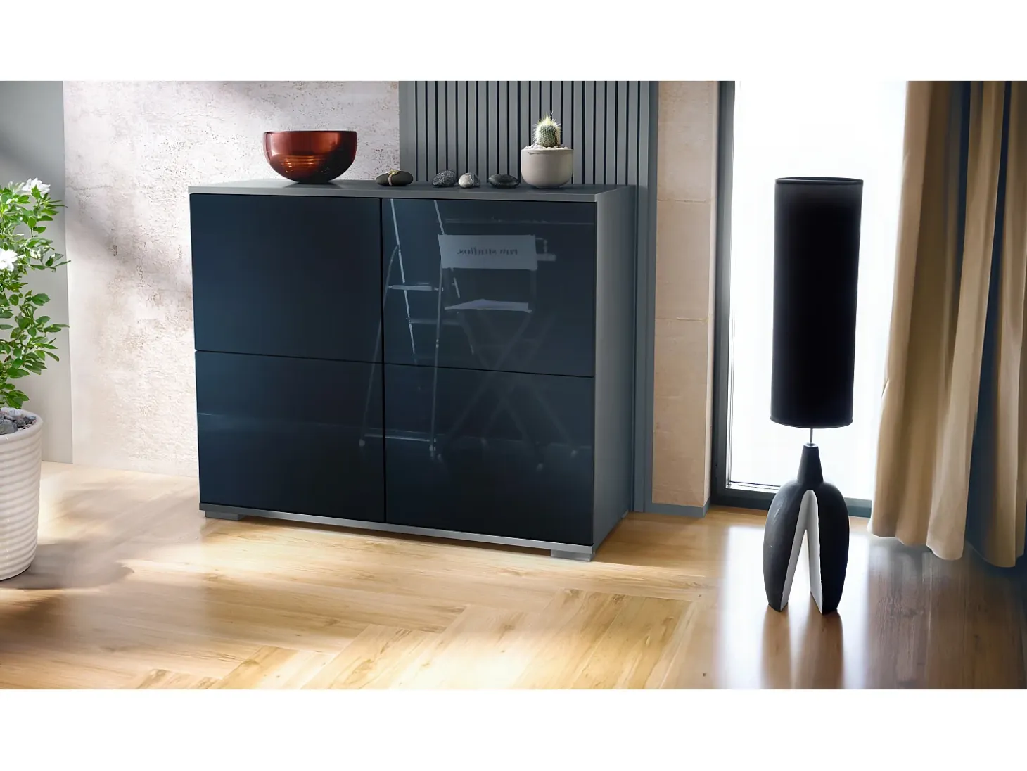 Aparador Rova V3 – Armario de cocina moderno con 4 puertas Push-to-Open antracita mate / negro de alto brillo (92,5 x 75.5 x 35)