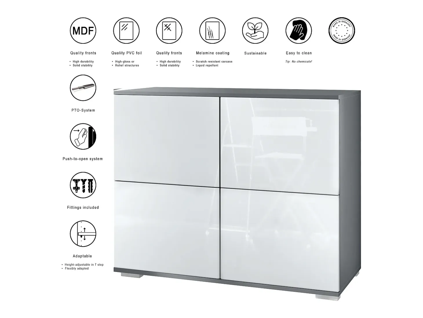 Aparador Rova V3 – Armario de cocina moderno con 4 puertas Push-to-Open antracita mate / negro de alto brillo (92,5 x 75.5 x 35)