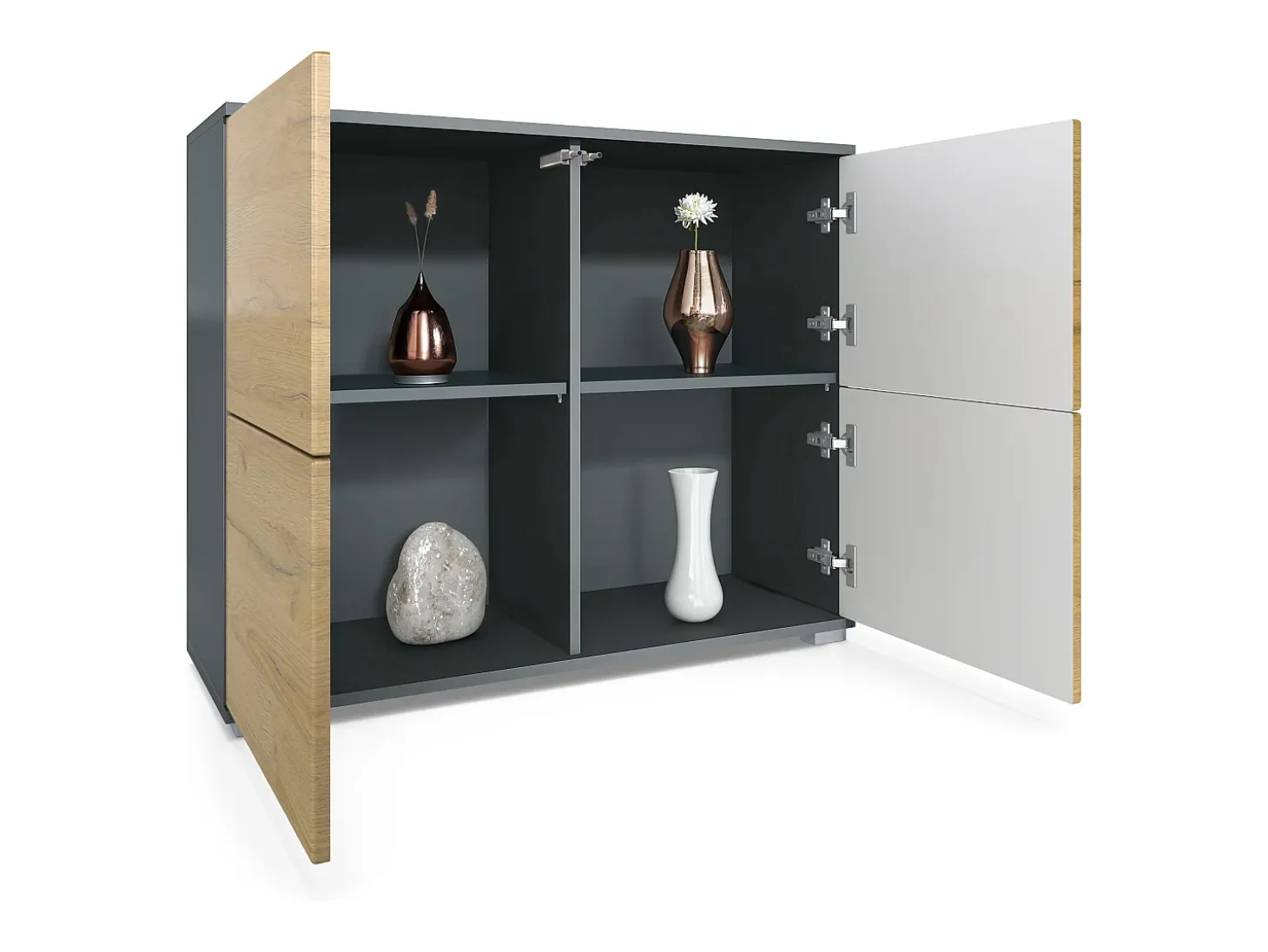 Aparador Rova V3 – Armario de cocina moderno con 4 puertas Push-to-Open antracita mate / negro de alto brillo (92,5 x 75.5 x 35)