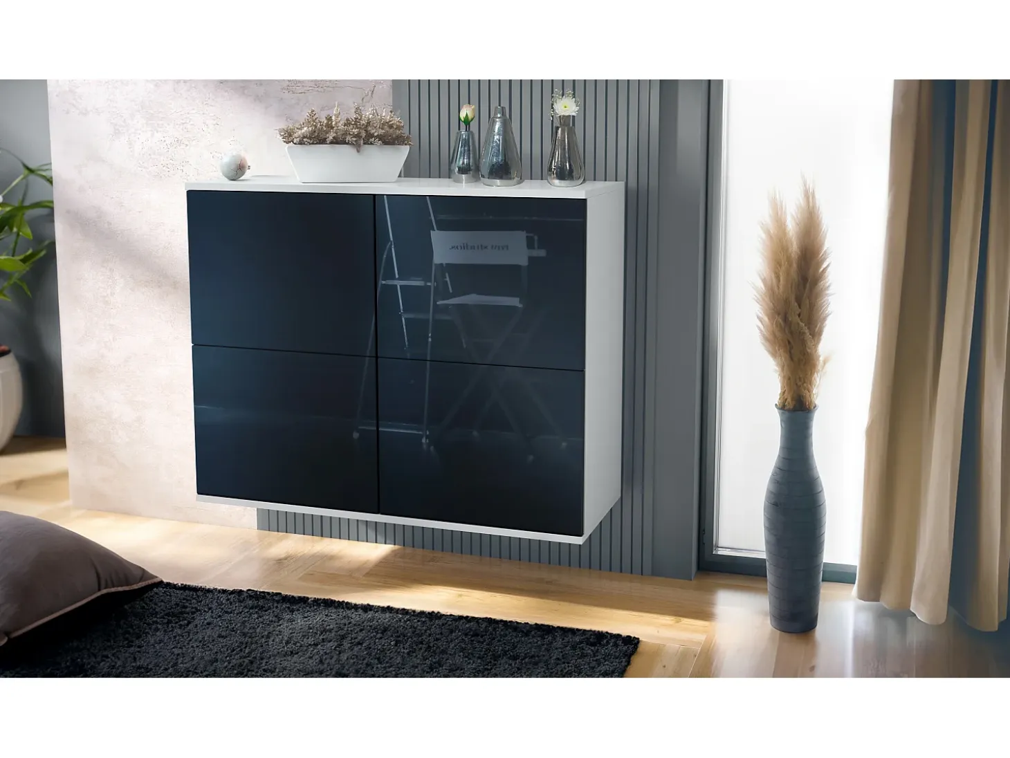Aparador Rova V3 – Armario de cocina moderno con 4 puertas Push-to-Open blanco mate / negro de alto brillo (92,5 x 73.5 x 35)