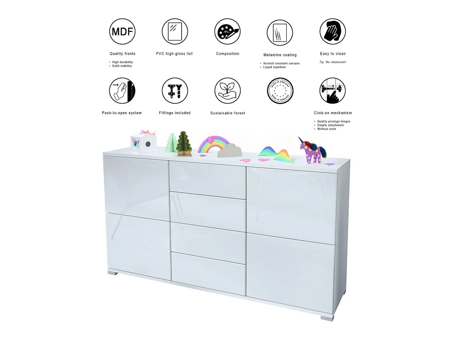 Aparador Rova V1 – Mueble con 4 Puertas y 4 Cajones, blanco mate/gris arena de alto brillo (138,5 x 75,5 x 35)