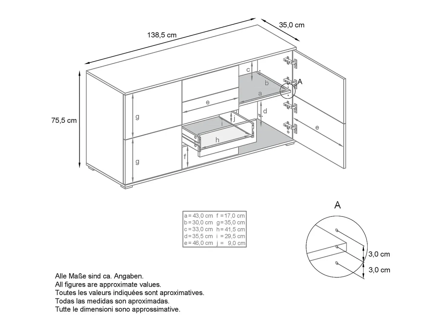 Aparador Rova V1 – Mueble con 4 Puertas y 4 Cajones, blanco mate/gris arena de alto brillo (138,5 x 75,5 x 35)
