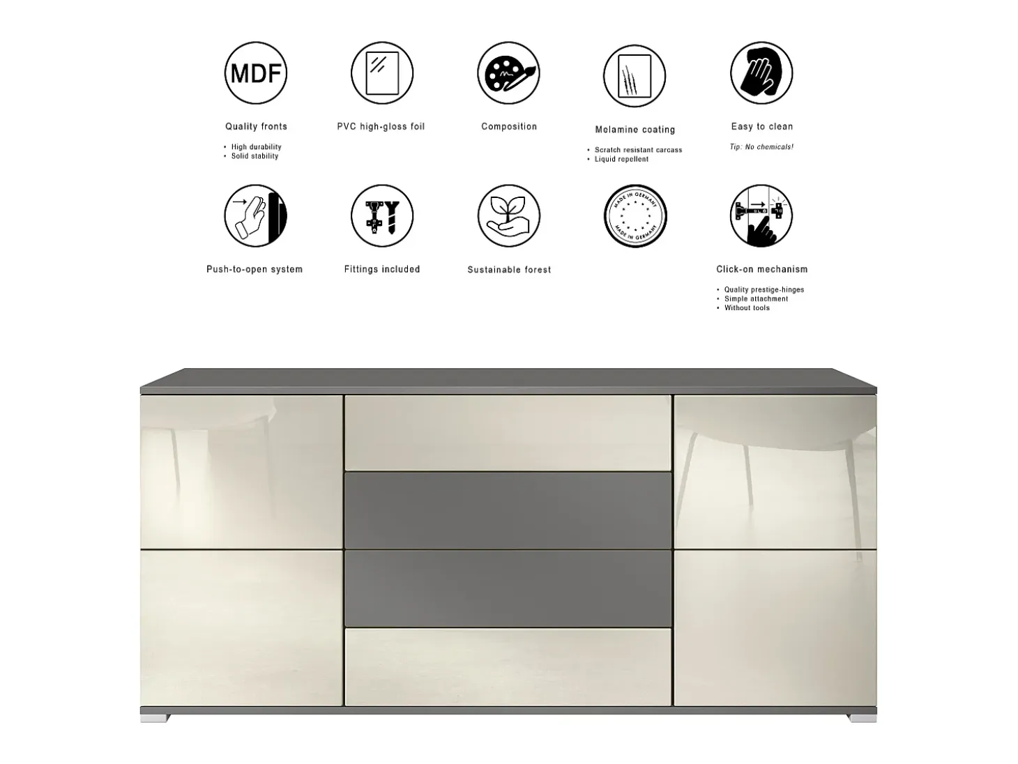 Aparador Rova V2 – Mueble con 4 Puertas y 4 Cajones, antracita mate/mezclilla mate (166,5 x 75,5 x 35)