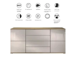 Aparador Rova V2 – Mueble con 4 Puertas y 4 Cajones, Roble Evoke/gris de alto brillo (166,5 x 75,5 x 35)
