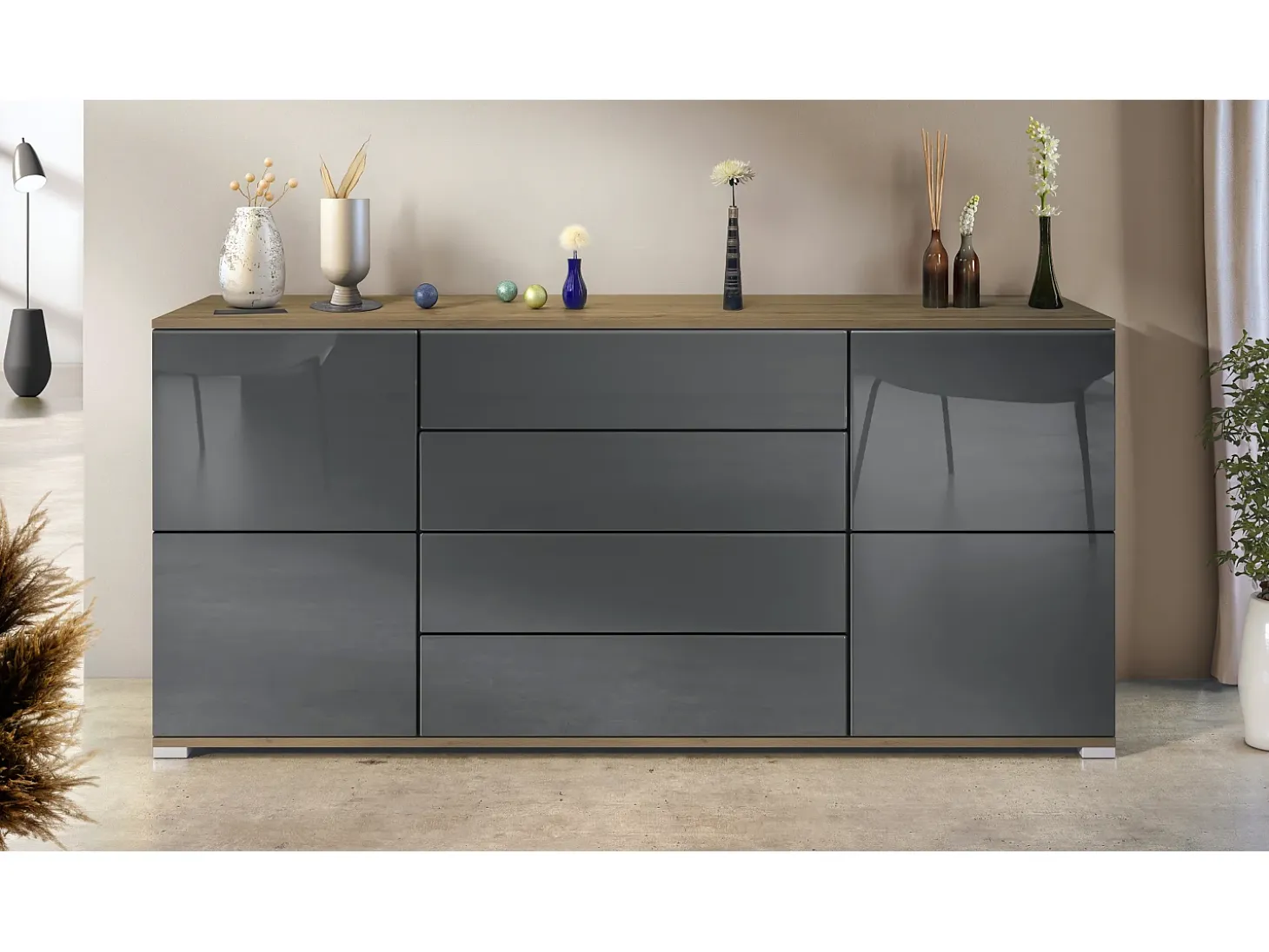 Aparador Rova V2 – Mueble con 4 Puertas y 4 Cajones, Roble Evoke/gris de alto brillo (166,5 x 75,5 x 35)