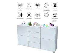 Aparador Rova V1 – Mueble con 4 Puertas y 4 Cajones, blanco mate/mezclilla mate (138,5 x 75,5 x 35)