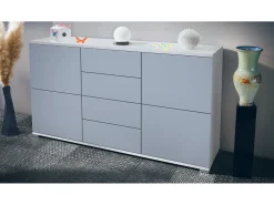 Aparador Rova V1 – Mueble con 4 Puertas y 4 Cajones, blanco mate/mezclilla mate (138,5 x 75,5 x 35)