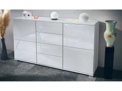 Aparador Rova V1 – Mueble con 4 Puertas y 4 Cajones, blanco mate/blanco de alto brillo (138,5 x 75,5 x 35)