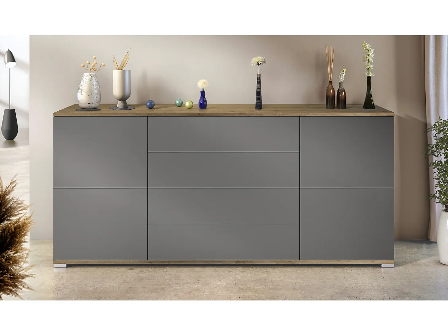 Aparador Rova V2 – Mueble con 4 Puertas y 4 Cajones, Roble Evoke/antracita mate (166,5 x 75,5 x 35)