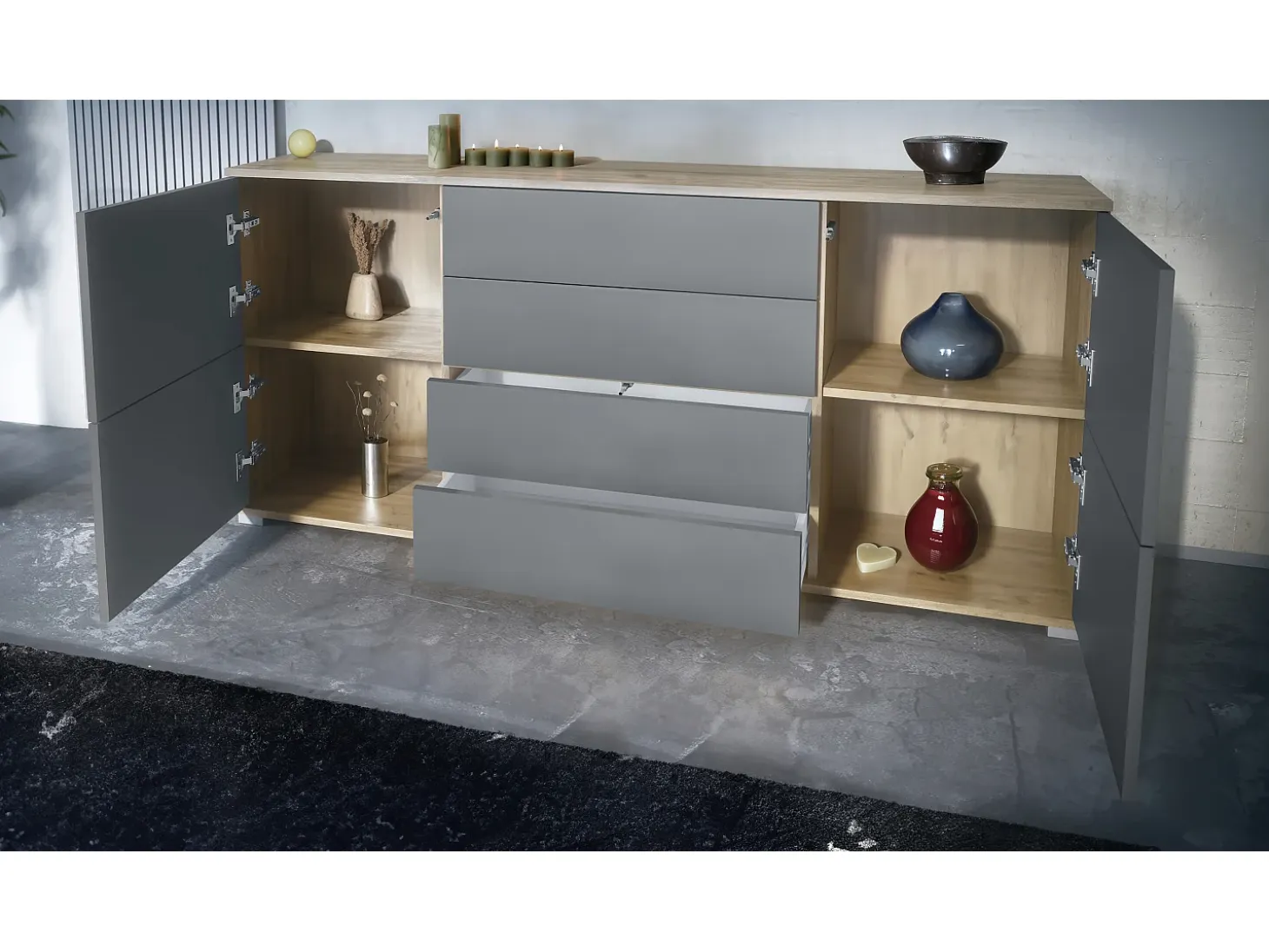 Aparador Rova V2 – Mueble con 4 Puertas y 4 Cajones, Roble Evoke/antracita mate (166,5 x 75,5 x 35)