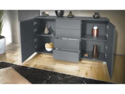 Aparador Rova V1 – Mueble con 4 Puertas y 4 Cajones, antracita mate/burdeos de alto brillo (138,5 x 75,5 x 35)