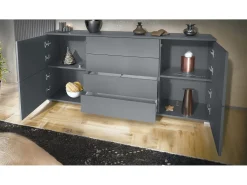 Aparador Rova V2 – Mueble con 4 Puertas y 4 Cajones, antracita mate/aspecto en bronce (166,5 x 75,5 x 35)