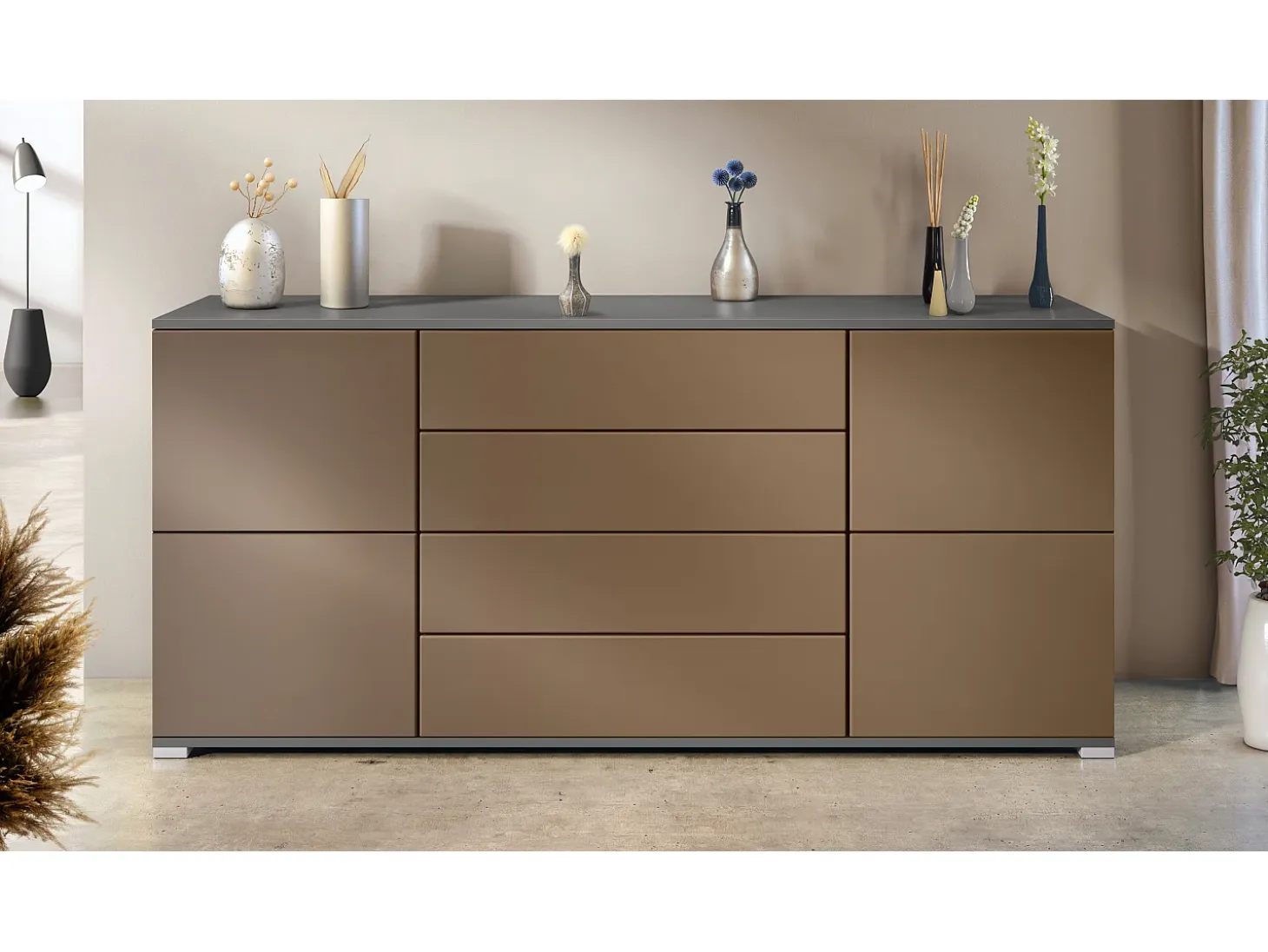 Aparador Rova V2 – Mueble con 4 Puertas y 4 Cajones, antracita mate/aspecto en bronce (166,5 x 75,5 x 35)