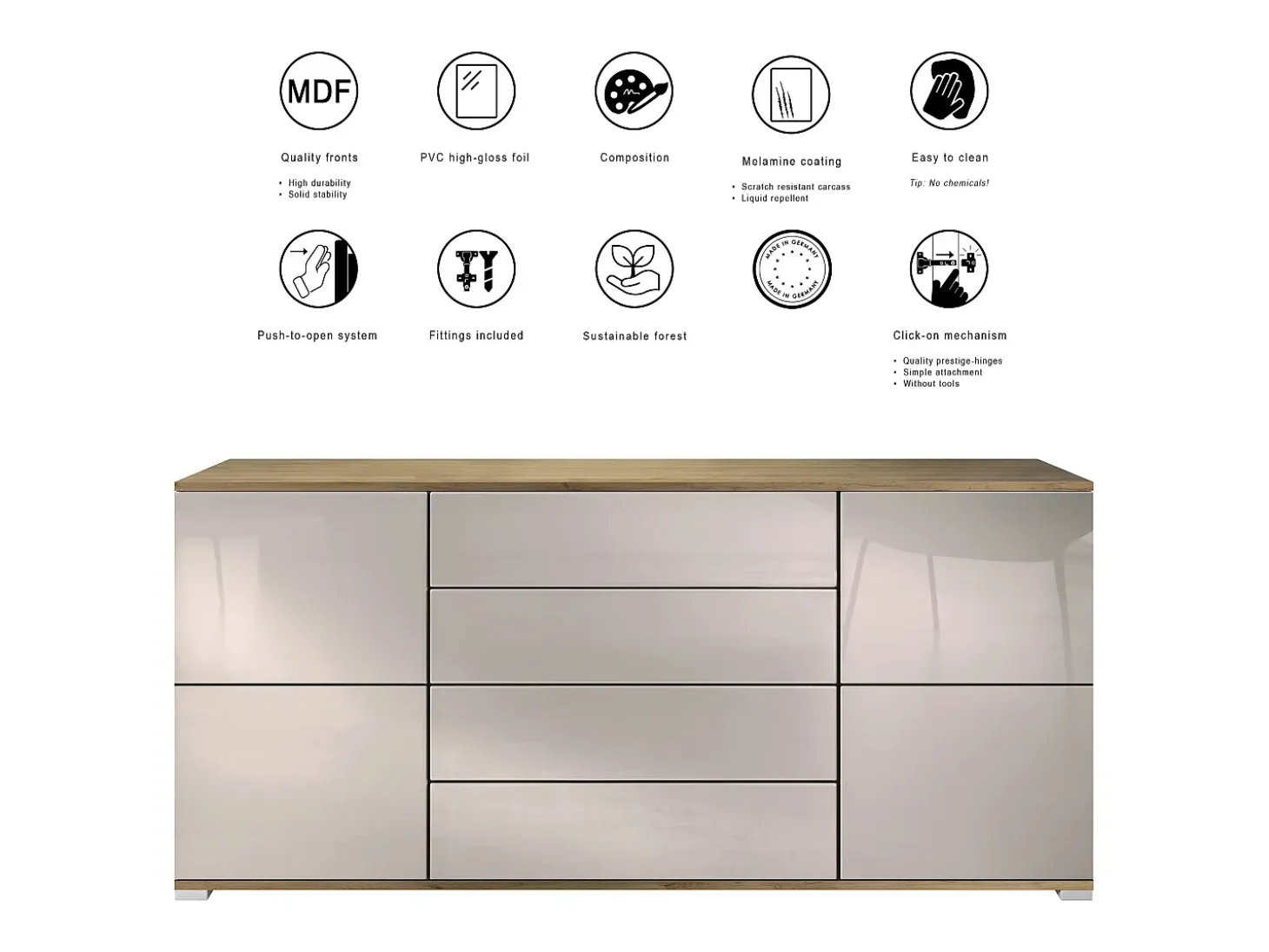 Aparador Rova V2 – Mueble con 4 Puertas y 4 Cajones, Roble Evoke/gris arena de alto brillo (166,5 x 75,5 x 35)