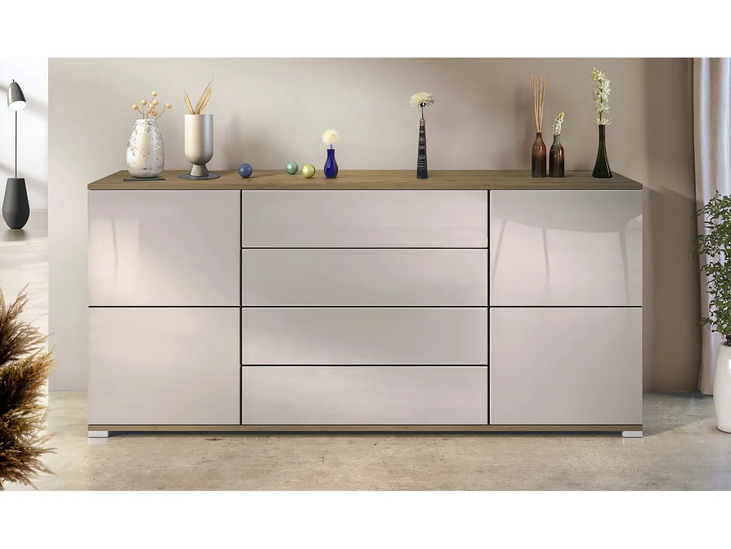 Aparador Rova V2 – Mueble con 4 Puertas y 4 Cajones, Roble Evoke/gris arena de alto brillo (166,5 x 75,5 x 35)