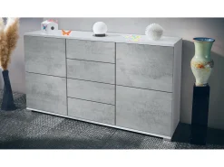 Aparador Rova V1 – Mueble con 4 Puertas y 4 Cajones, blanco mate/hormigón oxidado (138,5 x 75,5 x 35)