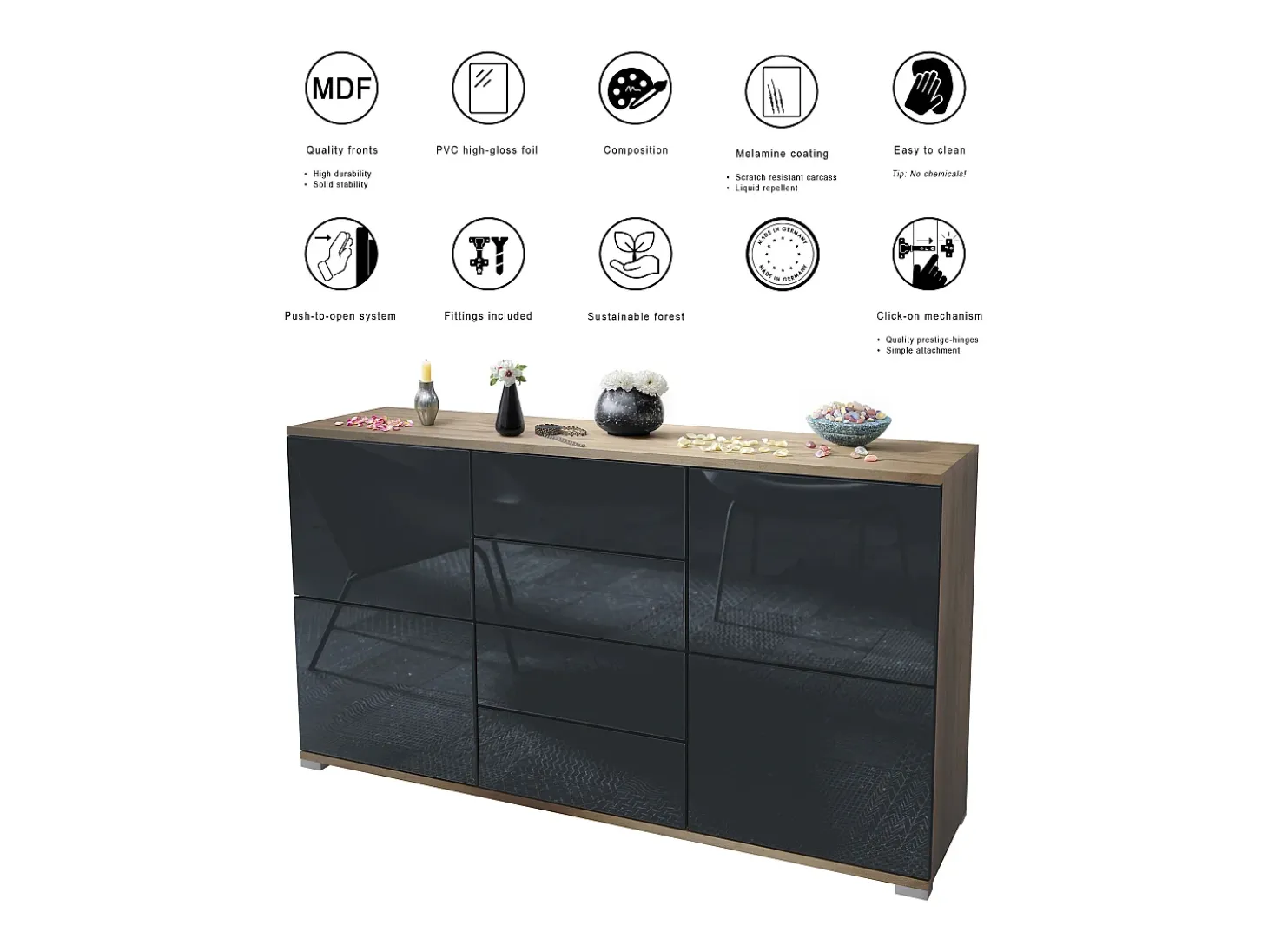 Aparador Rova V1 – Mueble con 4 Puertas y 4 Cajones, Roble Evoke/hormigón oxidado (138,5 x 75,5 x 35)