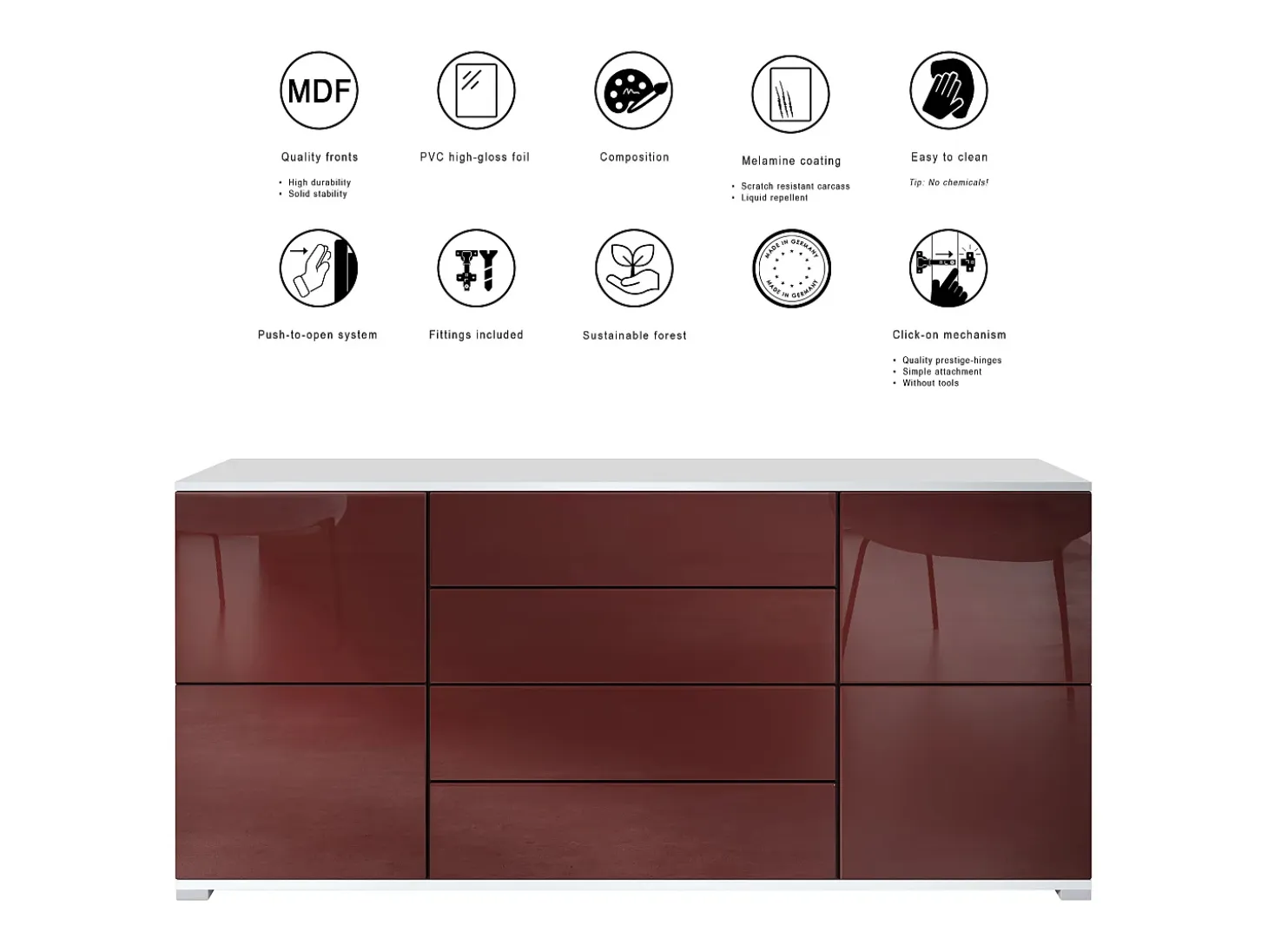 Aparador Rova V2 – Mueble con 4 Puertas y 4 Cajones, blanco mate/antracita mate (166,5 x 75,5 x 35)