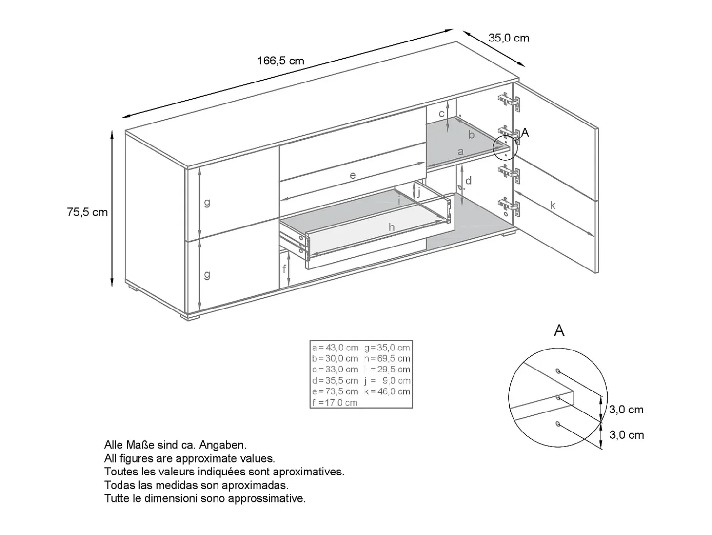 Aparador Rova V2 – Mueble con 4 Puertas y 4 Cajones, blanco mate/antracita mate (166,5 x 75,5 x 35)