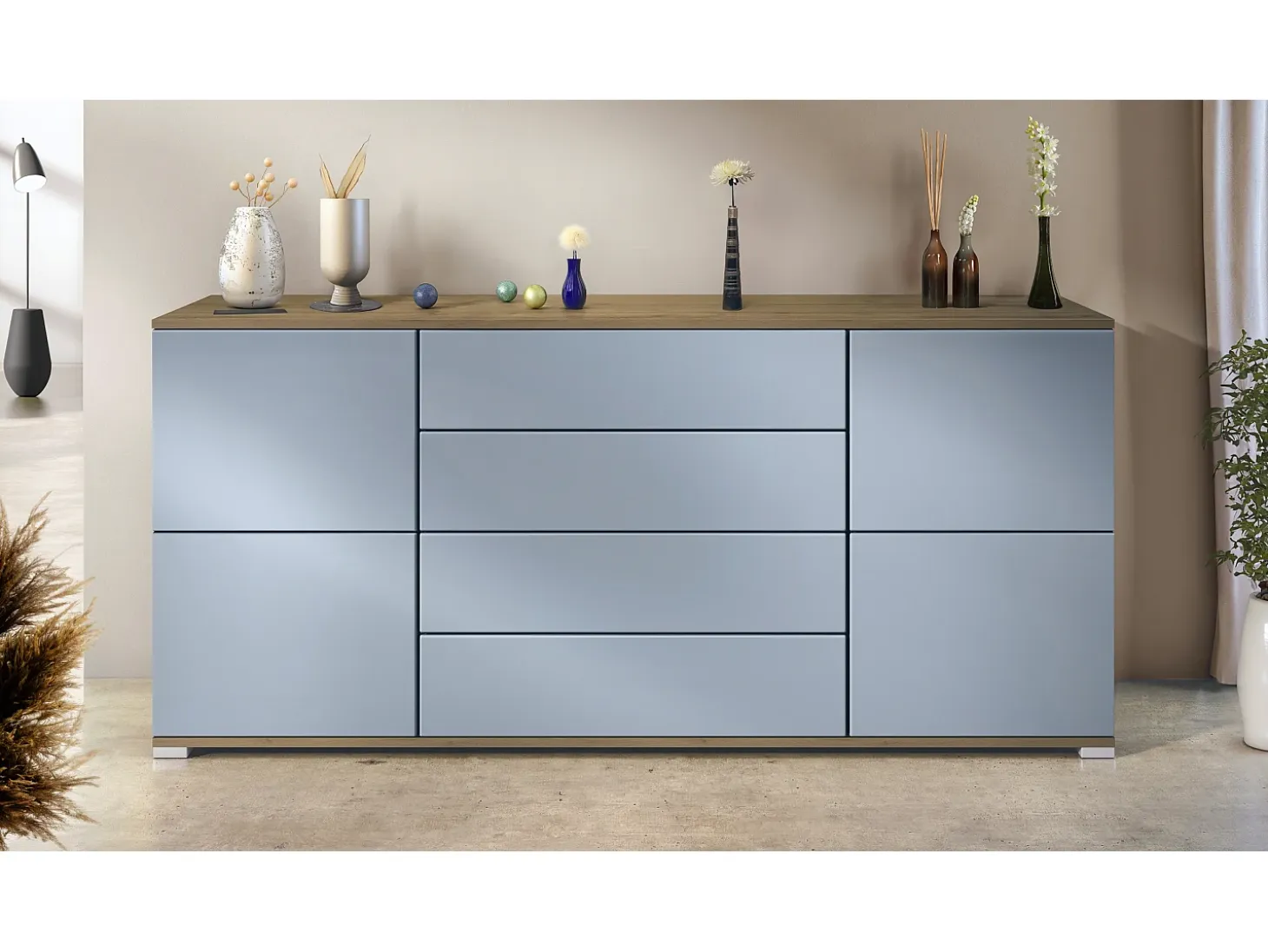 Aparador Rova V2 – Mueble con 4 Puertas y 4 Cajones, Roble Evoke/mezclilla mate (166,5 x 75,5 x 35)