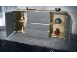 Aparador Rova V2 – Mueble con 4 Puertas y 4 Cajones, Roble Evoke/negro de alto brillo (166,5 x 75,5 x 35)