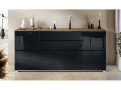 Aparador Rova V2 – Mueble con 4 Puertas y 4 Cajones, Roble Evoke/negro de alto brillo (166,5 x 75,5 x 35)