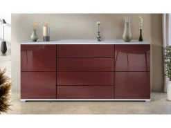 Aparador Rova V2 – Mueble con 4 Puertas y 4 Cajones, blanco mate/burdeos de alto brillo (166,5 x 75,5 x 35)
