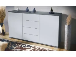 Aparador Santo V1, Mueble con 2 puertas y 4 cajones, antracita mate / blanco mate (138,5 x 75,5 x 35 cm)