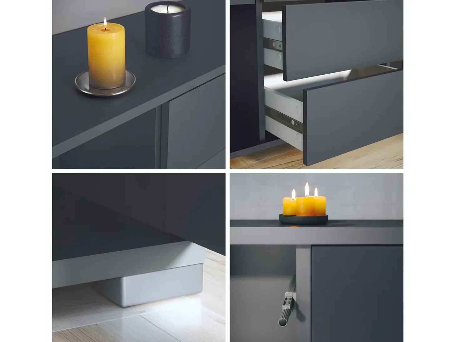 Aparador Santo V1, Mueble con 2 puertas y 4 cajones, antracita mate / negro mate (138,5 x 75,5 x 35 cm)