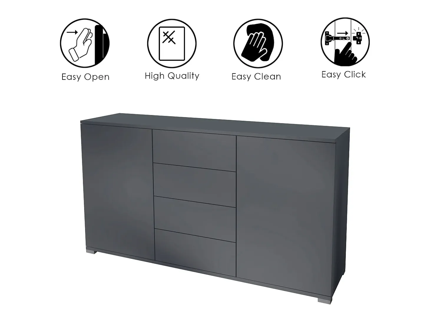 Aparador Santo V1, Mueble con 2 puertas y 4 cajones, antracita mate / negro mate (138,5 x 75,5 x 35 cm)