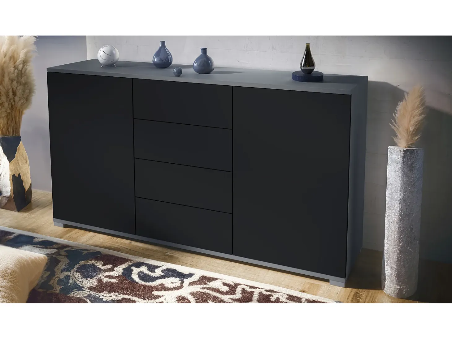 Aparador Santo V1, Mueble con 2 puertas y 4 cajones, antracita mate / negro mate (138,5 x 75,5 x 35 cm)