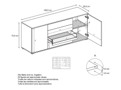 Aparador Santo V2, Mueble con 2 puertas y 4 cajones, blanco mate / negro mate (166,5 x 75,5 x 35 cm)