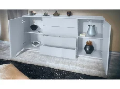 Aparador Santo V2, Mueble con 2 puertas y 4 cajones, blanco mate / negro mate (166,5 x 75,5 x 35 cm)