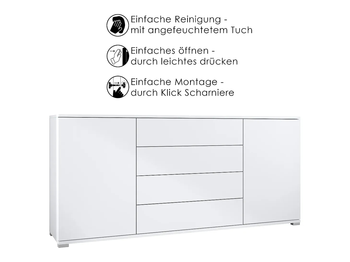 Aparador Santo V2, Mueble con 2 puertas y 4 cajones, blanco mate / negro mate (166,5 x 75,5 x 35 cm)