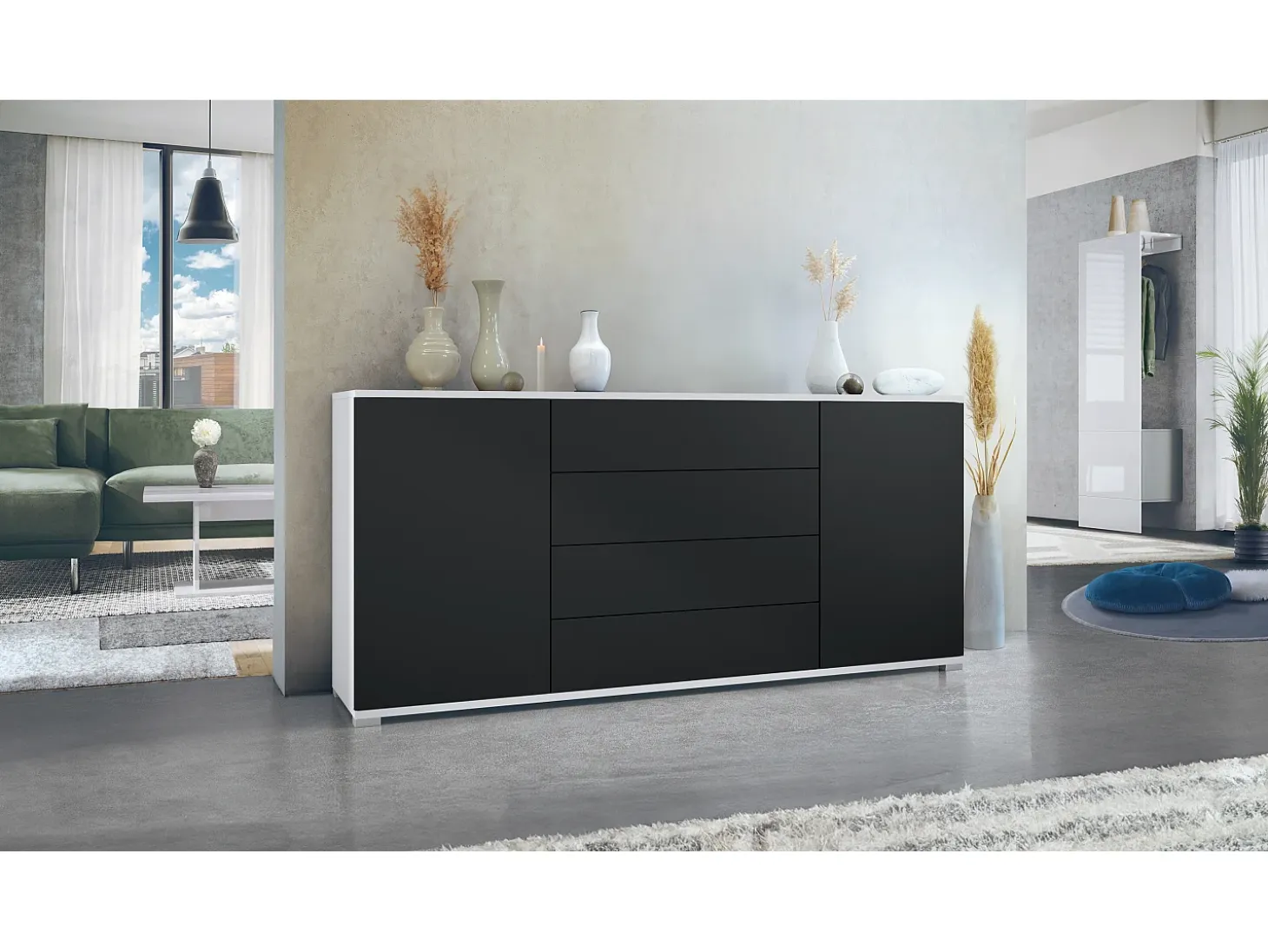 Aparador Santo V2, Mueble con 2 puertas y 4 cajones, blanco mate / negro mate (166,5 x 75,5 x 35 cm)