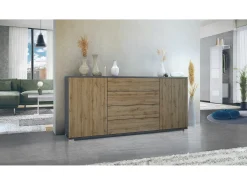 Aparador Santo V2, Mueble con 2 puertas y 4 cajones, antracita mate / Roble Evoke (166,5 x 75,5 x 35 cm)
