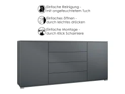Aparador Santo V2, Mueble con 2 puertas y 4 cajones, antracita mate / Roble Evoke (166,5 x 75,5 x 35 cm)